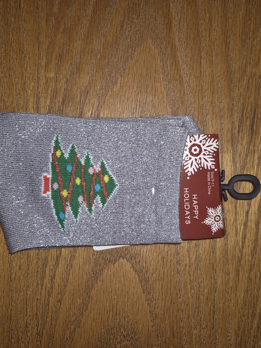Silver Holiday Socks with Green Christmas Tree Size 9-11